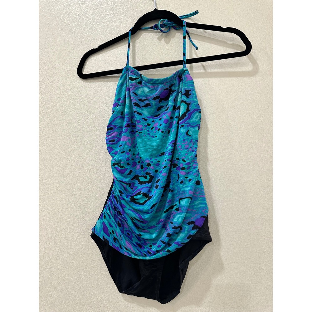 Vintage ILGWU Animal Print Ruched Halter One Piece Swimsuit Teal Purple 80s 90s